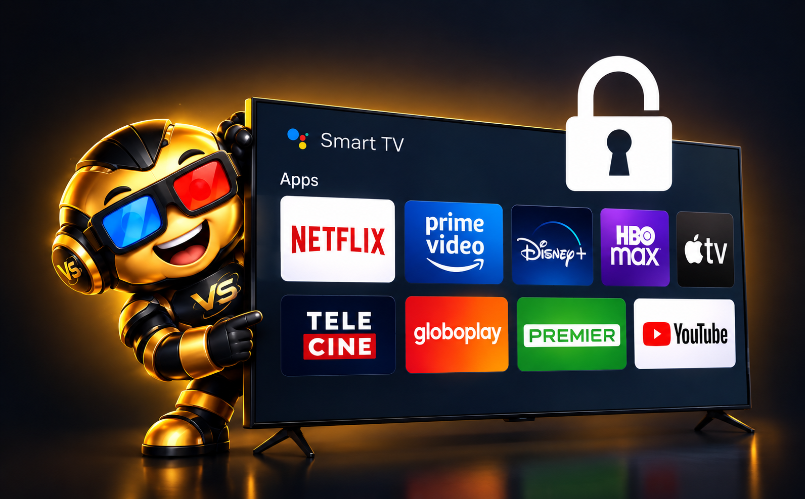 Mascote Vision Studio apontando para Smart TV com todos os streamings liberados